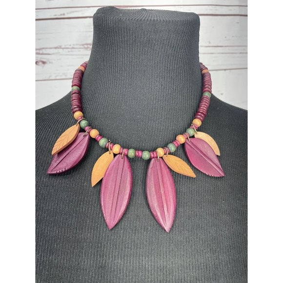 Women's Multi Colored Leaves Wooden Necklace - Picture 1 of 3